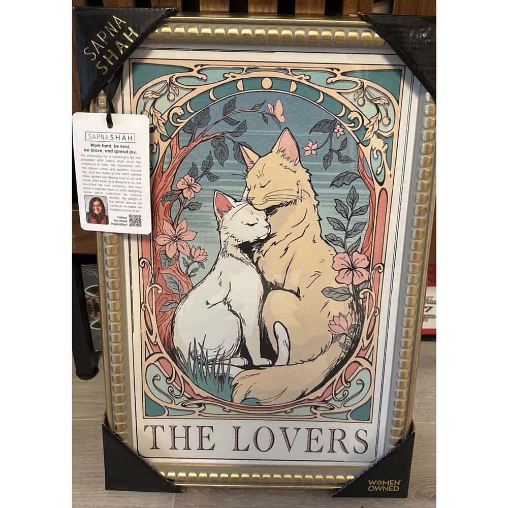 New Sapna Shah Framed Wall Art 2 Cats “The Lovers” 18”x 12” Home Decor